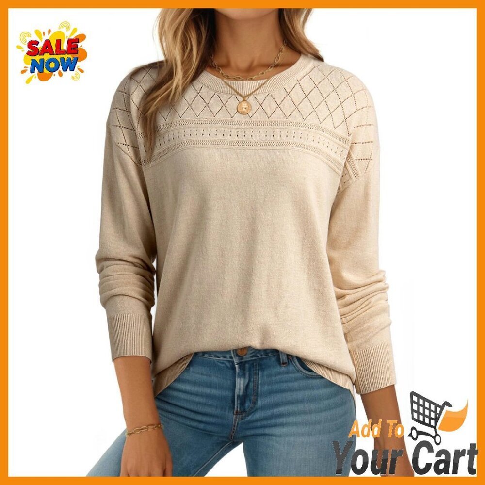 Lightweight Wool Pullover Sweater Hollow Out Design Crew Neck